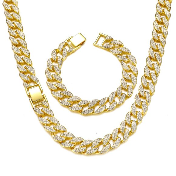 Cuban Link Chain Bracelet Set 18 Inch Alloy Rhinestone Hip Hop Jewelry